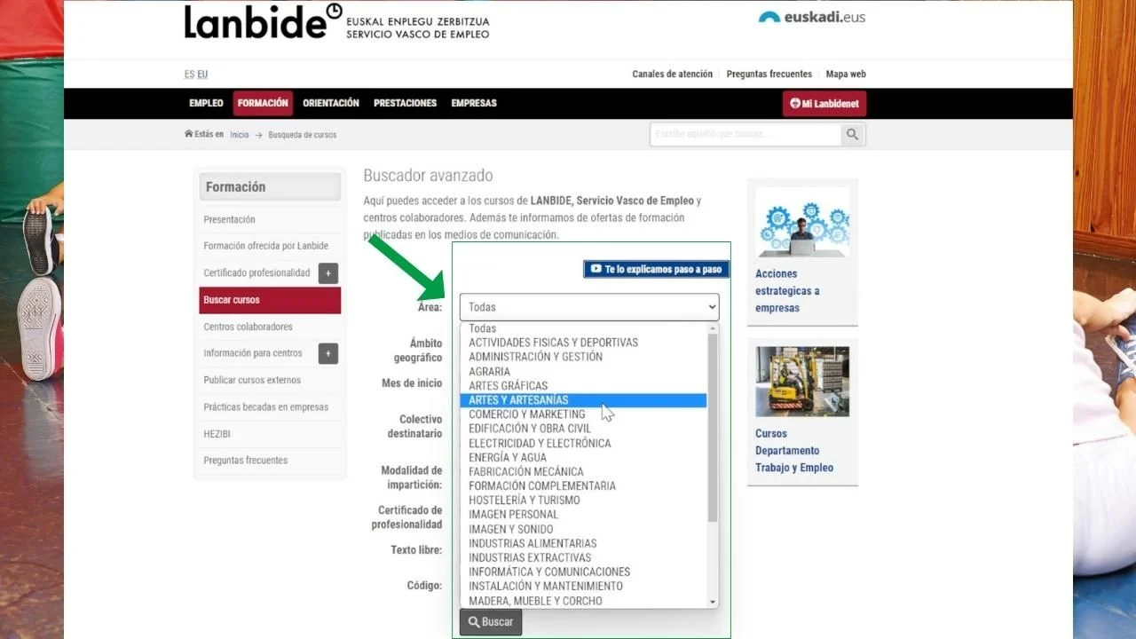 ¿Cómo inscribirse en los cursos de Lanbide? Guía completa paso a paso 93 Imagen web de Lanbide con el listado de áreas formativas que puedes seleccionar en Lanbide.