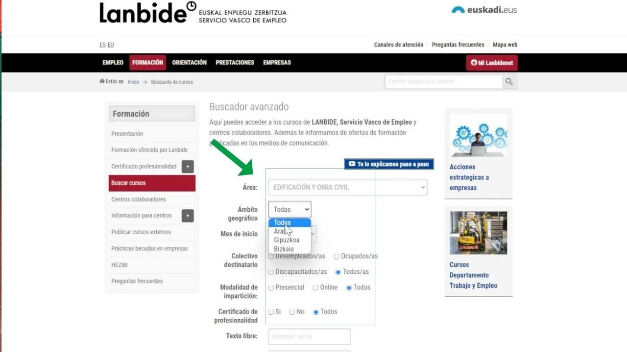 ¿Cómo inscribirse en los cursos de Lanbide? Guía completa paso a paso 94 Imagen web de Lanbide con las áreas geográficas (provincias vascas) que puedes seleccionar en Lanbide.