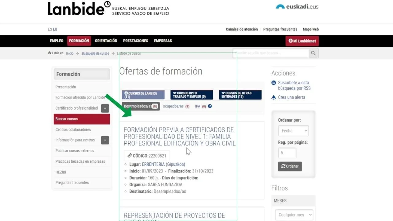 ¿Cómo inscribirse en los cursos de Lanbide? Guía completa paso a paso 95 Imagen web de Lanbide con el listado de cursos donde puedes seleccionar un y ver los detalles.