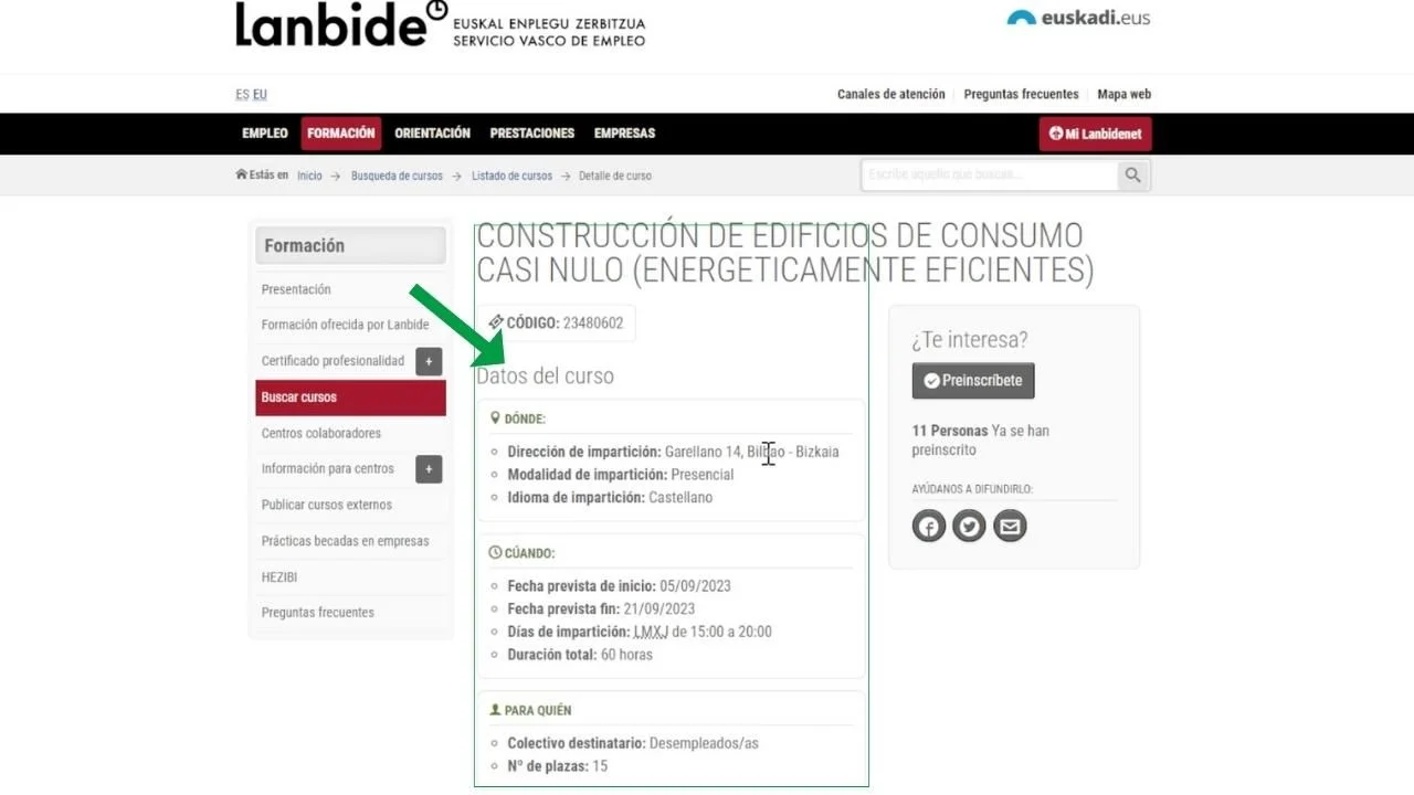 ¿Cómo inscribirse en los cursos de Lanbide? Guía completa paso a paso 96 Imagen web de Lanbide con los detalles de un curso concreto.