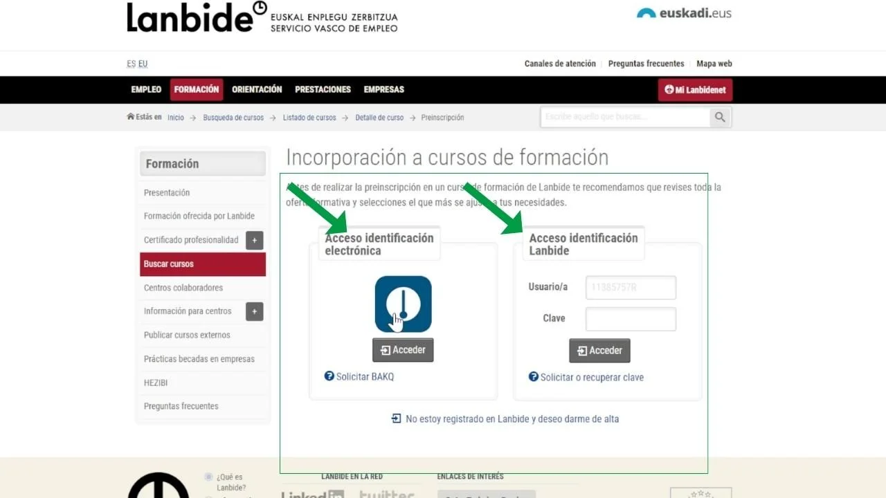 ¿Cómo inscribirse en los cursos de Lanbide? Guía completa paso a paso 97 Imagen web de Lanbide con el login para acceder y preinscribirte en los cursos.