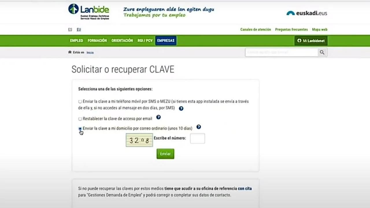 Pantallazo de mi Lanbidenet para recuperar las claves del área privada de Lanbide.