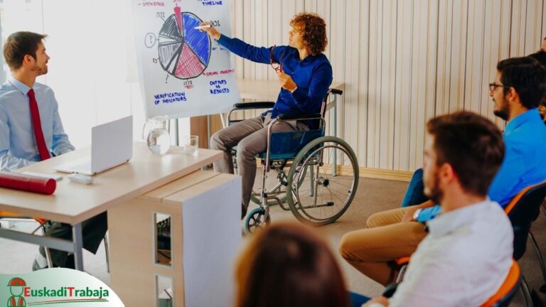 Foto de una persona discapacitada en silla de ruedas trabajando y explicando unos gráficos en una reunión de trabajo, haciendo referencia a las ofertas de empleo para discapacitados en Lanbide.